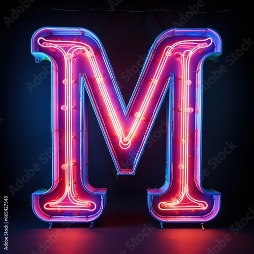 Alphabet capital letter M text. Futuristic neon glowing symbol, logo on dark grunge background.