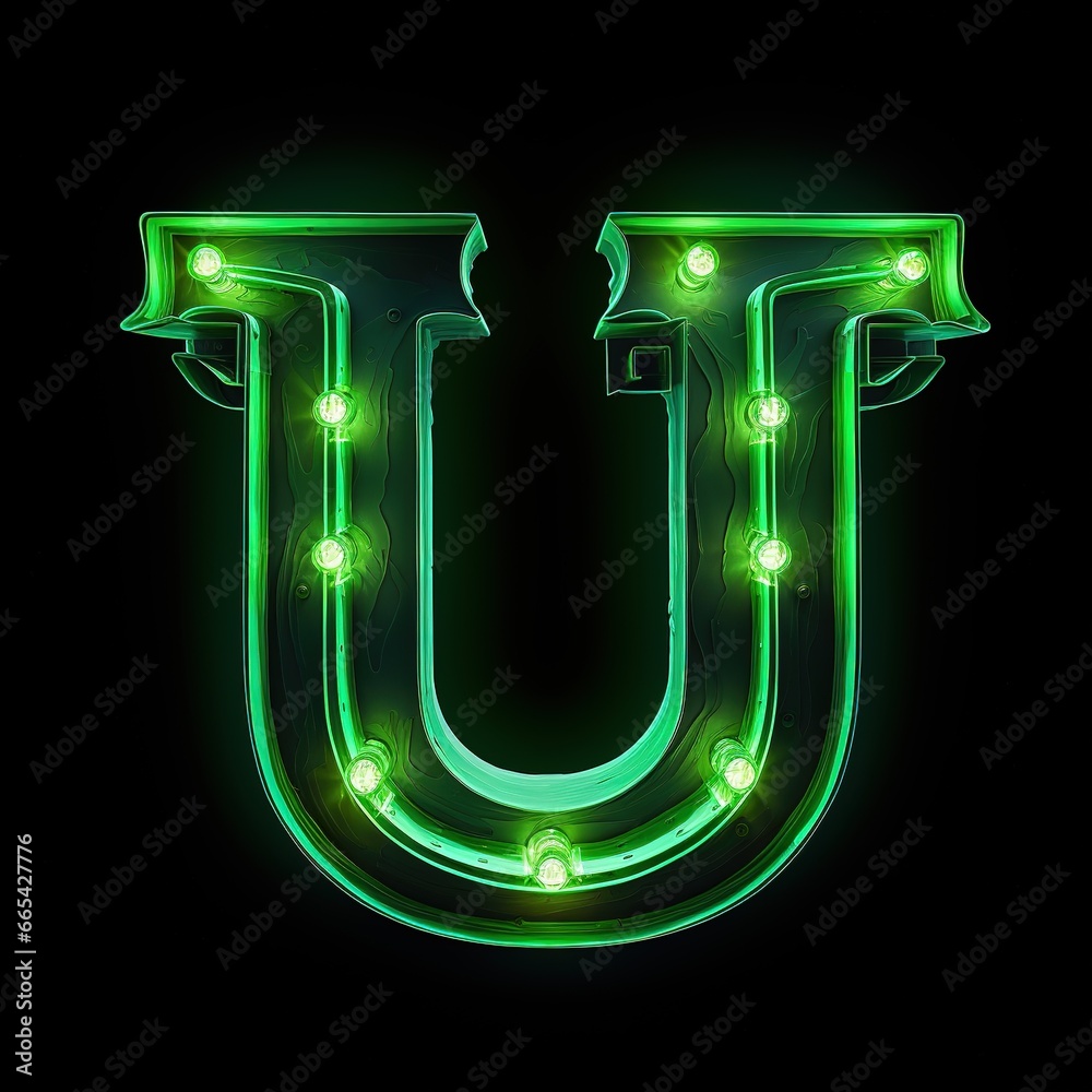 Alphabet capital letter U text. Futuristic neon glowing symbol, logo on dark grunge background.