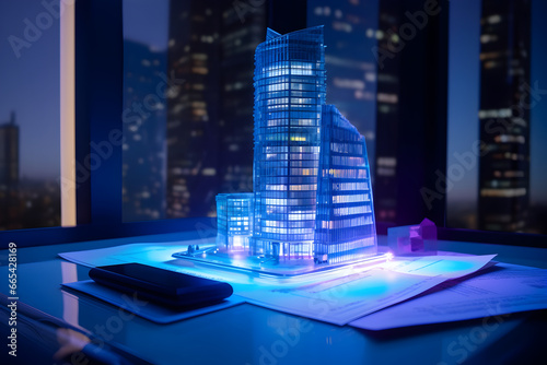 Futuristic real estate concept: 3D skyscraper model on table, mortgage signing, business demonstration. Generative AI.