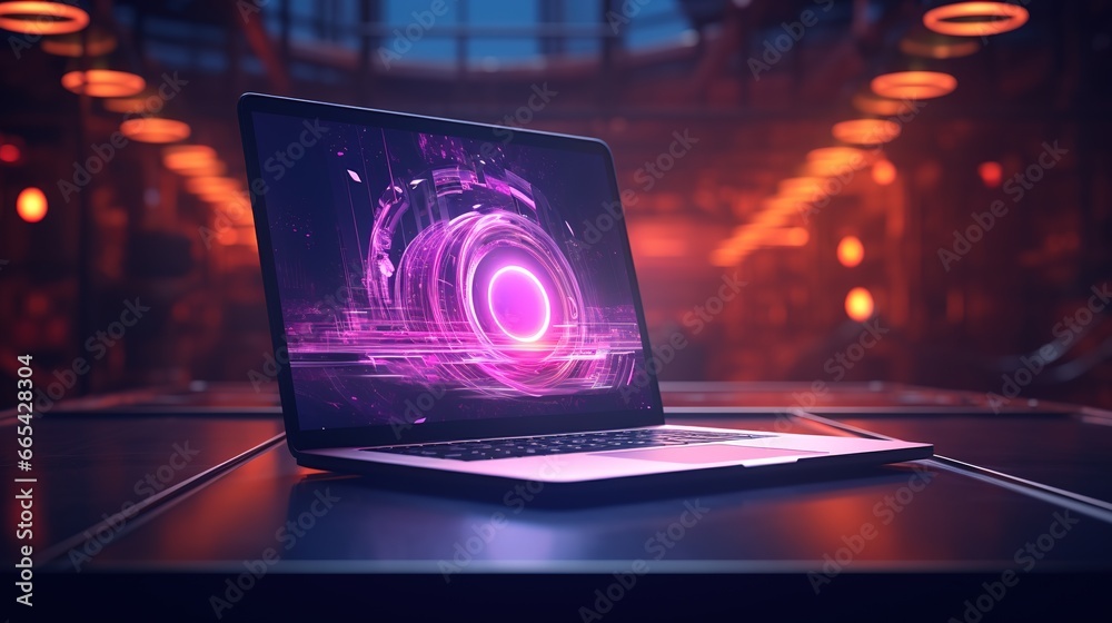  a concept image of a laptop computer with glowing colors as background  - obrazy, fototapety, plakaty 