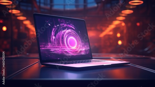  a concept image of a laptop computer with glowing colors as background 