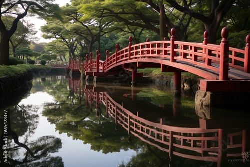 A beautiful view of a bridge called Taikobashi at Sumiyoshi Shrine. Generative AI