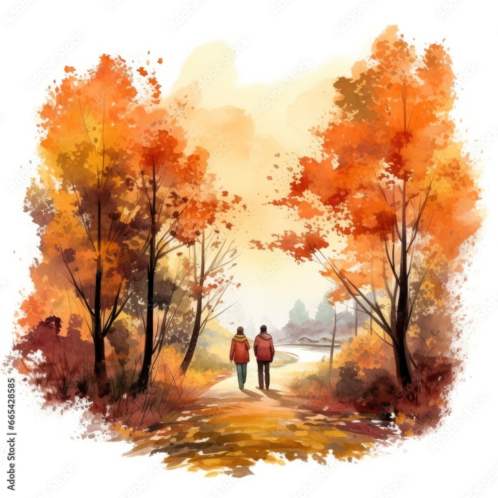 Fototapeta premium Watercolor autumn landscape with a couple walking.