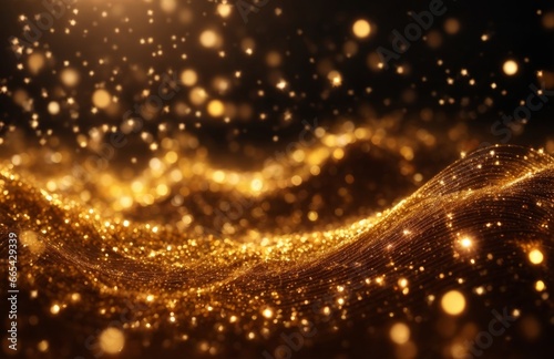 Digital gold particles wave and light abstract background with shining dots stars 