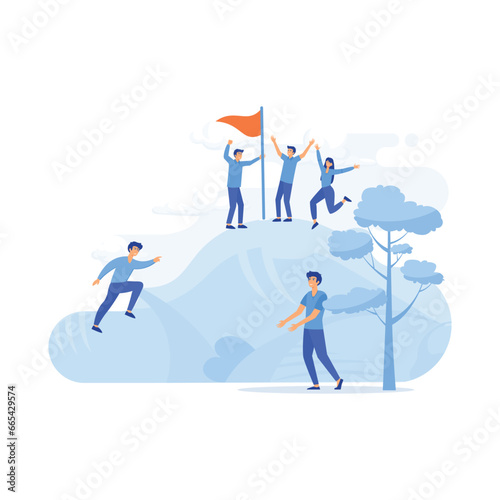 Business people characters climb top peak landing page flat vector illustration concept. flat vector modern illustration 