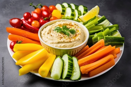 Crop shot of plate with colorful healthy sliced vegetables.