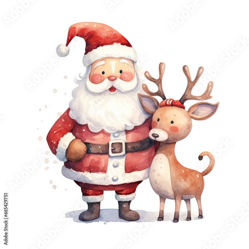 Cute Santa Claus standing with reindeer.