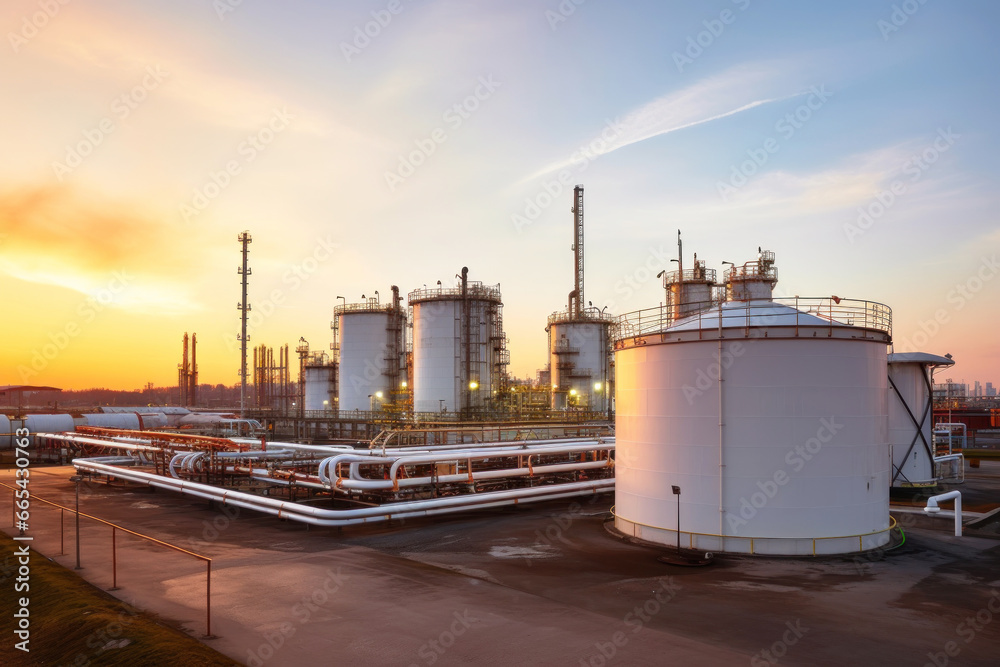 Fototapeta premium Oil refinery plant from industry zone, Aerial view oil and gas industrial, Refinery factory oil storage tank and pipeline steel at sunset. Smoke from the pipes.