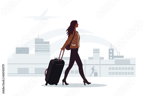 Woman with the trolley bag in the airport. Business trip. Young people traveling around world. Cartoon vector flat illustration concept.