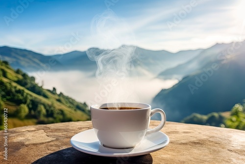 Hot coffee with smoke in the morning under blue sky. © Hamidakhanom