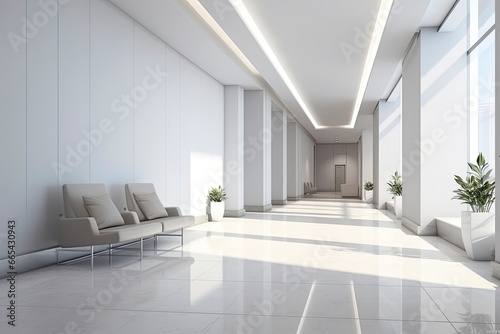 Interior design of a modern luxurious white building corridor or hallway with waiting seat. © Hamidakhanom