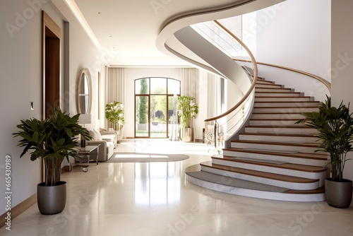 The interior design of the modern entrance hall with a staircase in the villa. © Hamidakhanom
