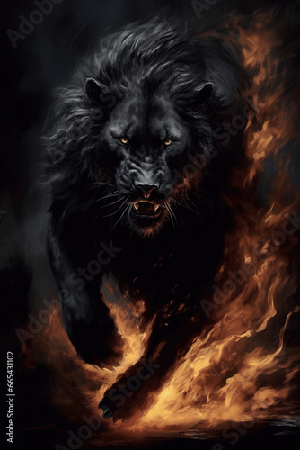 Black devil lion running out of the the fire, stunning illustration