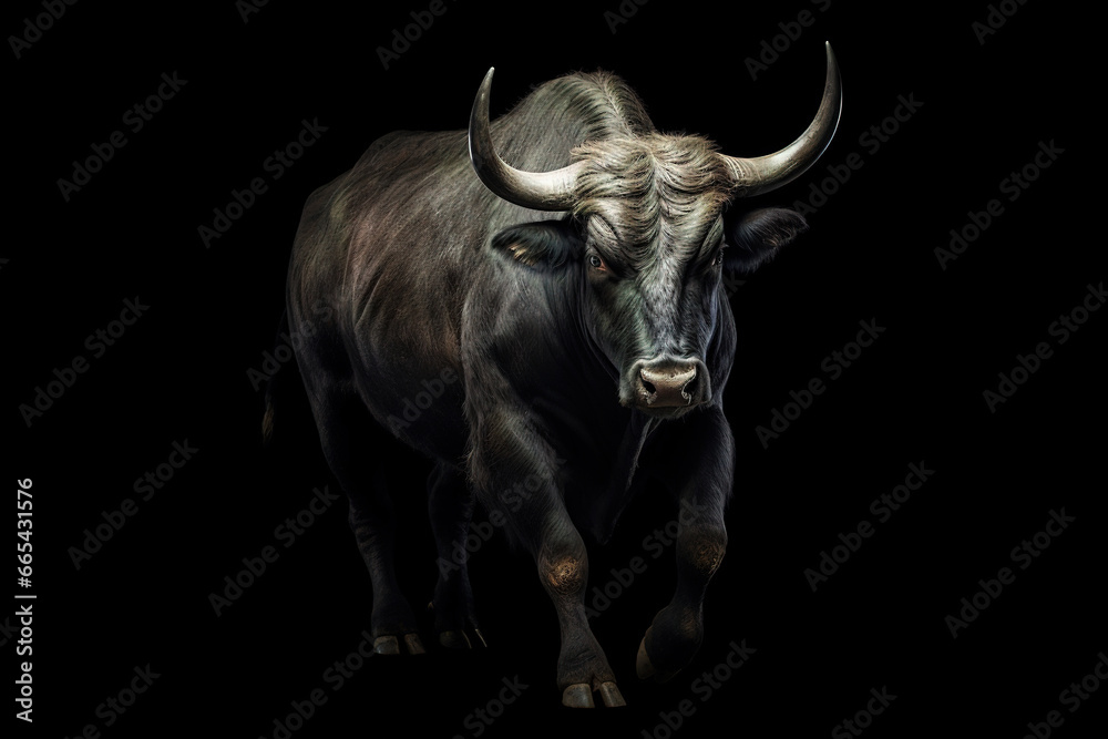 Naklejka premium Black massive bull running in the clouds of dust, stunning illustration, dark background