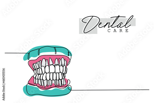 line art of Orthodontic treatment. Dentists day and respect for their services to humanity. Dental procedures vector art concept. Isolated vector of teeth and jaws. Retainers braces denture
