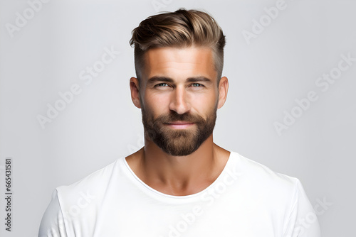 Confident man with perfect smile, ideal for dental ads. Stylish with strong jawline, isolated on white. Generative AI.