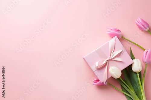 Pink gift box with ribbon bow and bouquet of tulips on isolated pastel pink background.