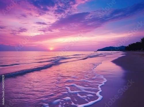 Summer beach with blue water and purple sky at the sunset.