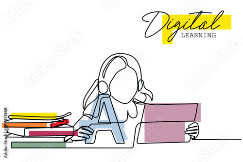 Digital learning line art illustration line art of a preteen kid using tablet. Digital learning concept art. Screen time limitations art. Excessive exposure to blue light. watching Games and cartoon.