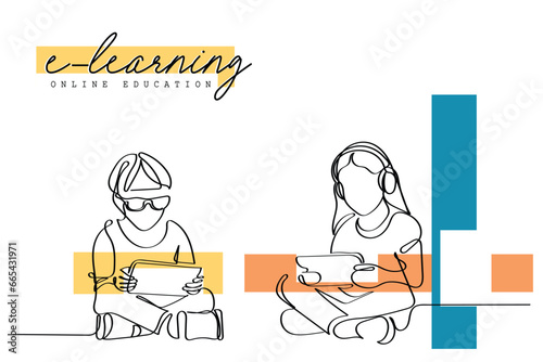 Digital learning line art illustration line art of a preteen kid using tablet. Digital learning concept art. Screen time limitations art. Excessive exposure to blue light. watching Games and cartoon.
