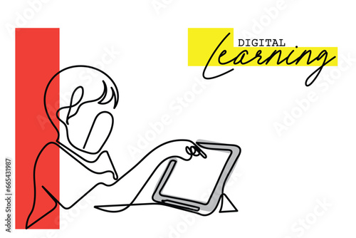 Digital learning line art illustration line art of a preteen kid using tablet. Digital learning concept art. Screen time limitations art. Excessive exposure to blue light. watching Games and cartoon.