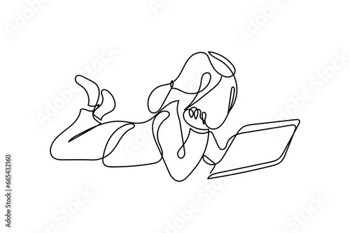  line art of a little boys and girls holding tablet in front of its face. Concept art of excessive usage of tablets and screens in kids. Digital learning art. Online learning and entertainment concept