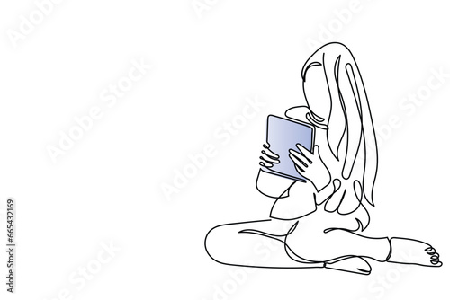  line art of a little boys and girls holding tablet in front of its face. Concept art of excessive usage of tablets and screens in kids. Digital learning art. Online learning and entertainment concept