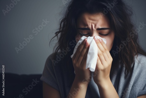 A close up of a woman having a cold and cleaning her nose with a tissue