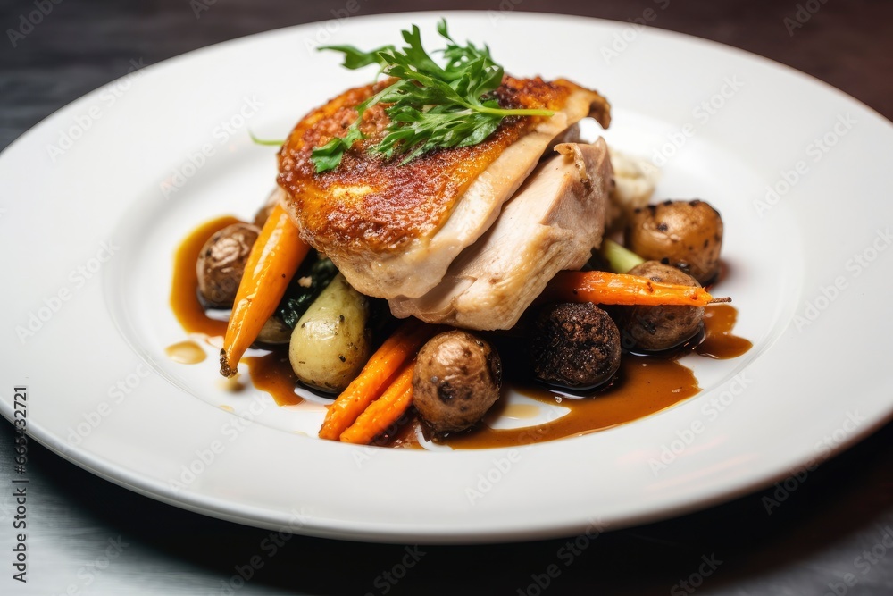 Plated chicken roast dinner on a white plate with carrot and morel mushroom.