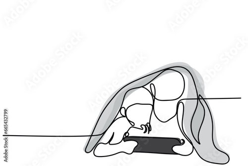  line art of a little boys and girls holding tablet in front of its face. Concept art of excessive usage of tablets and screens in kids. Digital learning art. Online learning and entertainment concept
