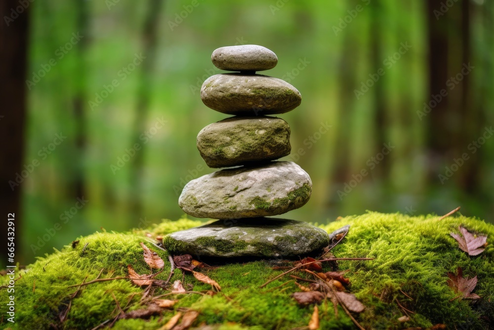 Pyramid stones balance on old mossy fallen tree.
