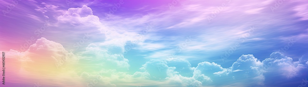 Rainbow sky with fluffy clouds. Multicolored toned sky.
