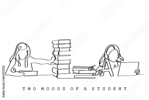 line art of two moods of a student One is nerd and busy in school work and other is bored and watching digital tablet. Digital and print media concept.