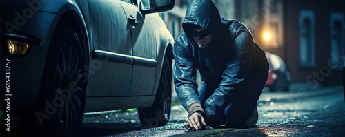 Masked car thief before burglary. Criminal car theft vehicle concept.