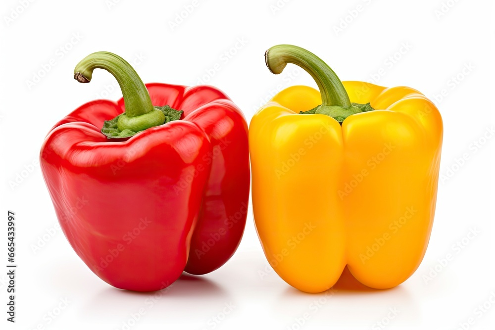 Two bell peppers, a red and a yellow isolated on white background. Two bell peppers, a red and a yellow isolated on white background.