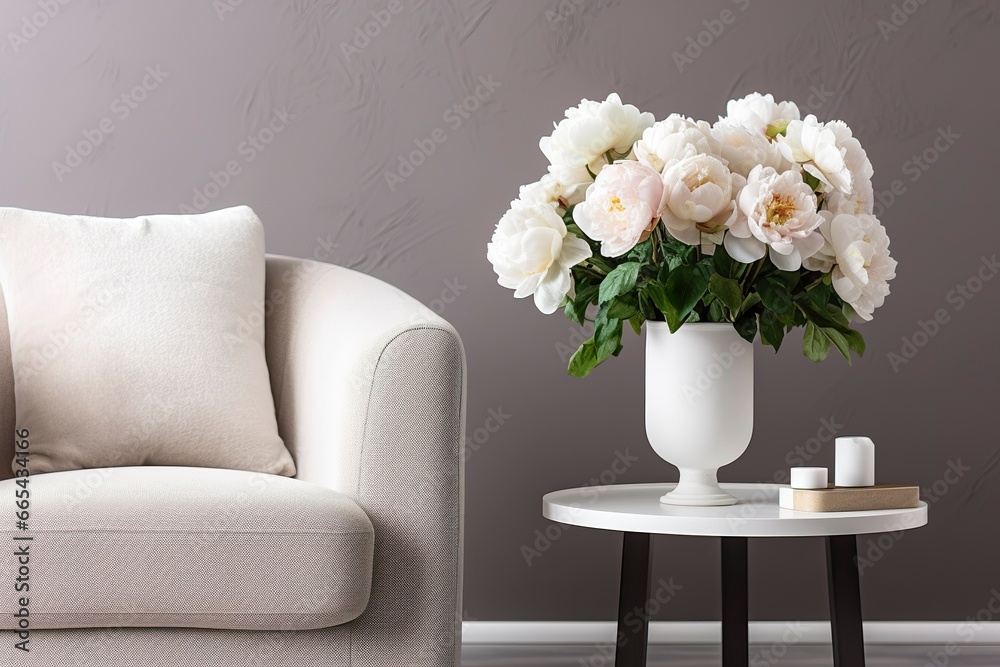 Vase of white peonies with coffee table and armchair near grey wall. Vase of white peonies with coffee table and armchair near grey wall.