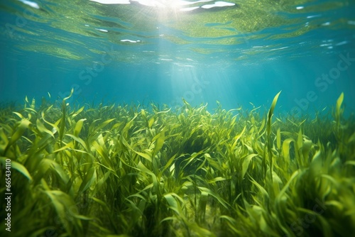Underwater view of a group of seabed with green seagrass. © Hamidakhanom