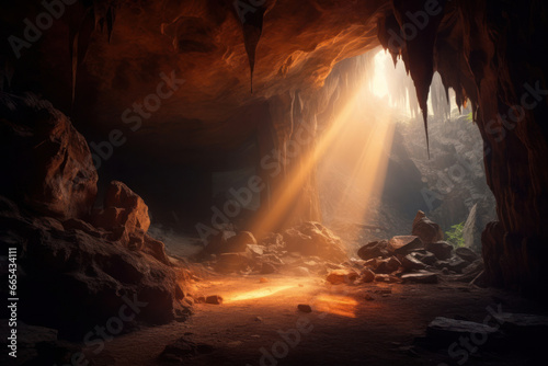 A cave in a jungle with a sunbeam shining in from the side.