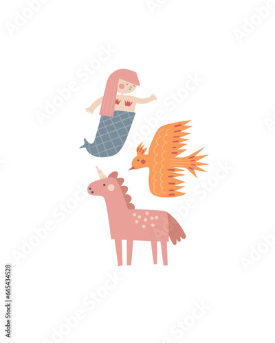 Fairy tale postcard with cute hand drawn doodle unicorn, mermaid, firebird. Magical cover, page, template, banner, poster, print with nature elements. Mythology enchanted background for kids