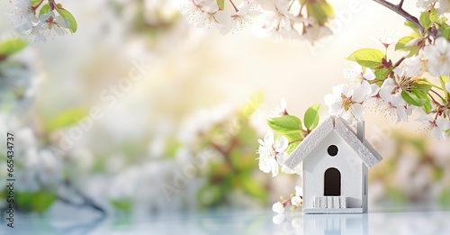 Toy house and cherry flowers, spring abstract natural background.