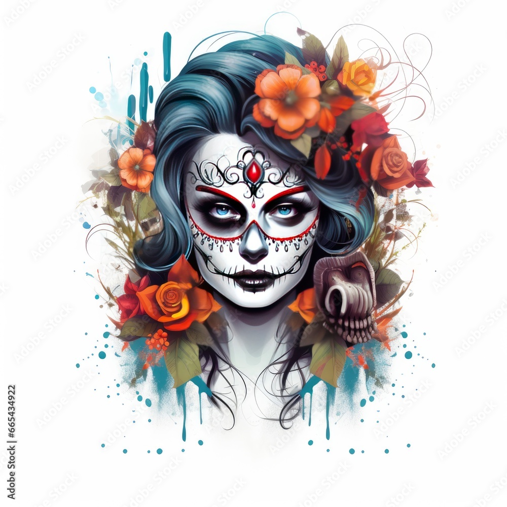 Woman sugar skull with beautiful colored flowers on white background.