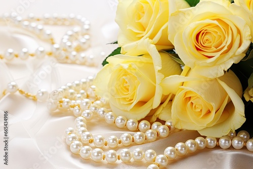 Yellow roses bouquet and pearls,in white background.