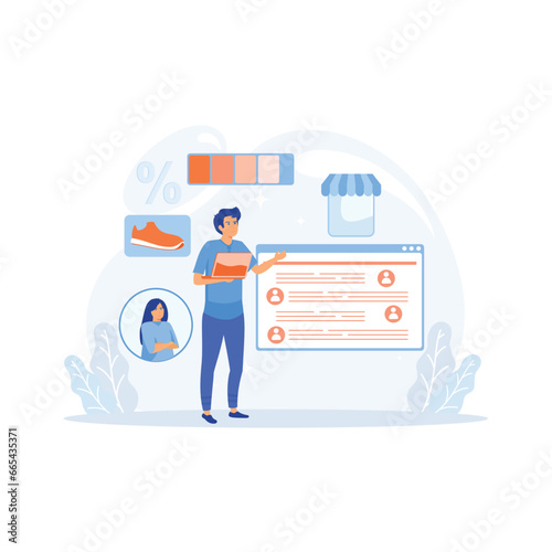 Online assistant, remote consultant helping customer during call to virtual shop. flat vector modern illustration 