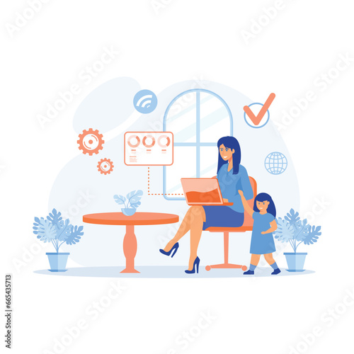 Freelancer with child working on laptop. Parent working with son. Home office. flat vector modern illustration 