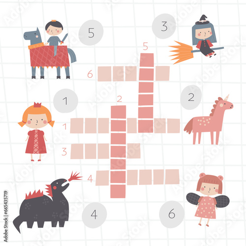 Fairy tale magic crossword for kids. Word search puzzle with princess, witch, prince, unicorn, dragon, fairy. Educational worksheet, mind task, riddle, strategy quiz, challenge, iq toy brain trainer