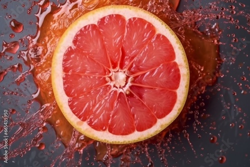Top view of a cut grapefruit with splashes of red juice  representing fruit  freshness  food. A concept for backgrounds  billboards  or posters. Generative AI