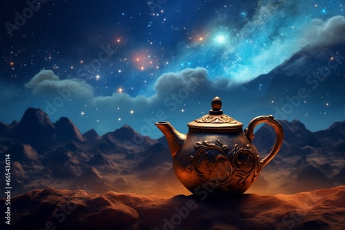 tea pot with candle on desert, mountain, starry sky, clouds. Generative AI