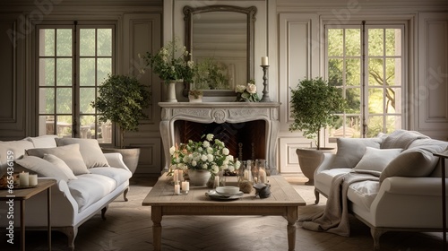 french style living room interior with furniture and fireplace