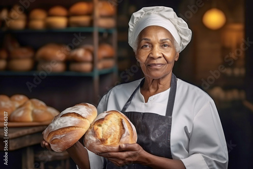 An elderly dark-skinned woman baker holds freshly baked bread in her hands. Baker in a private bakery. Bread production at home or in a small enterprise. Small business.