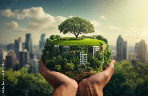 world environment and earth day concept with glass globe and eco friendly environment . save the green planet, green cities ofthe future. green ETFs to invest in photo
